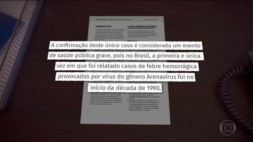 1ª morte por febre hemorrágica após 20 anos, no Brasil, foi confirmada ontem (20) Ministério da Saúde