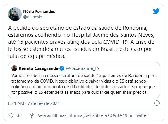 Primeiro paciente vindo de Rondônia para tratar Covid-19 chega ao Espírito Santo