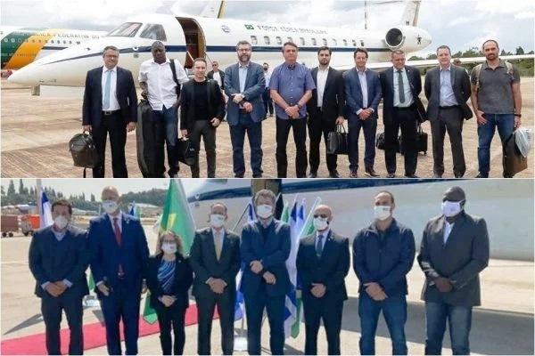 Comitiva do Brasil posa sem máscara no embarque e de máscara em Israel