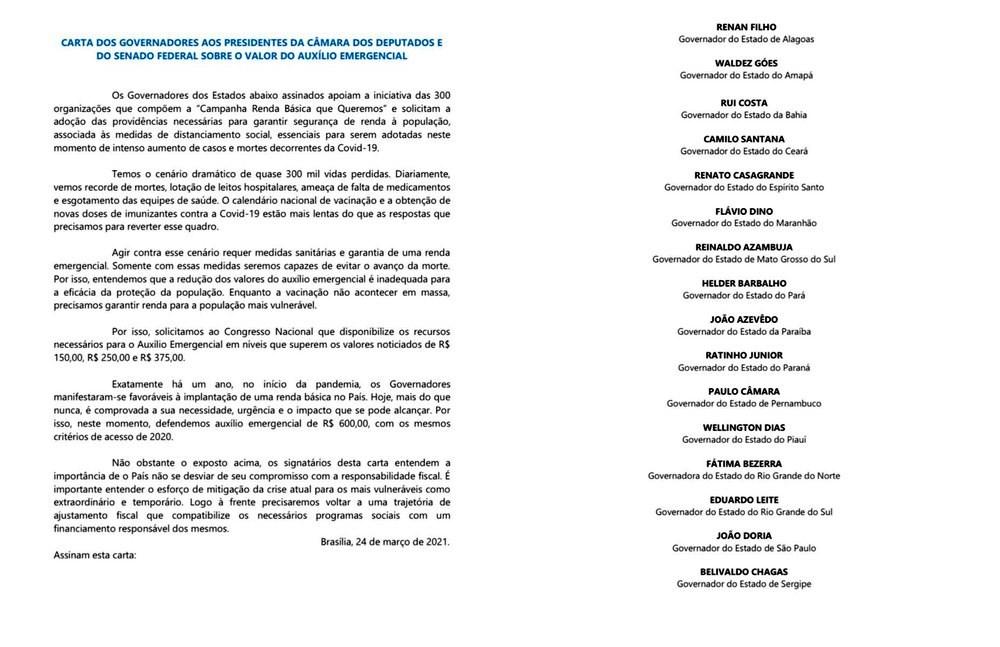 Governadores de 16 estados assinam carta à Câmara e Senado pedindo volta de R$ 600 no auxílio emergencial