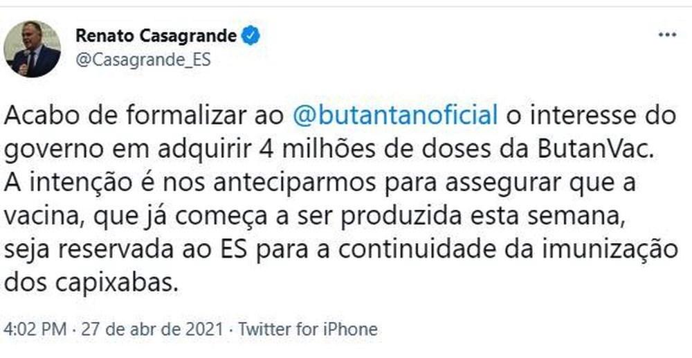 Casagrande formaliza ao Butantan o interesse em adquirir 4 milhões de doses da ButanVac