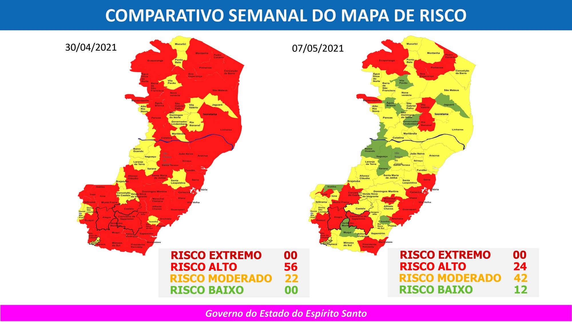 Mapa de Risco Covid-19: 12 cidades retornam para Risco Baixo, no Espírito Santo