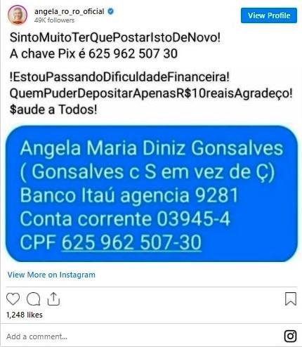 Angela Ro Ro volta a pedir dinheiro nas redes sociais: ‘Apenas R$ 10’