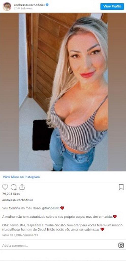 Andressa Urach causa polêmica ao dizer que o marido é seu dono