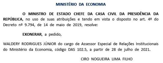 Waldery Rodrigues é exonerado do Ministério da Economia