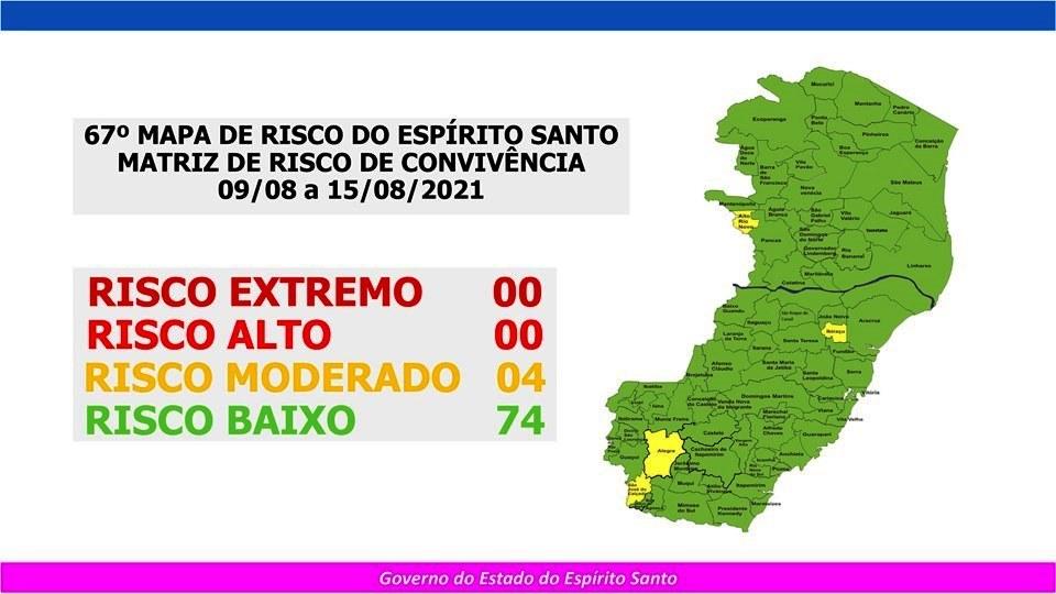 Espírito Santo tem quatro cidades em risco moderado e 74 em risco baixo para Covid-19