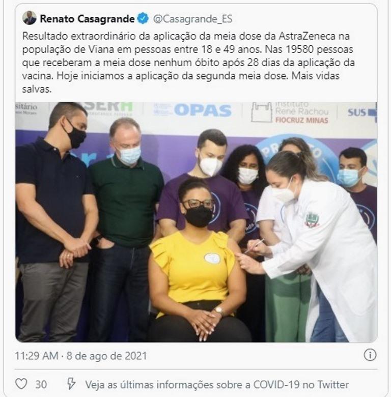 Viana Vacinada: Estudo aponta eficácia de 88,3% após aplicação de meia dose da Astrazeneca