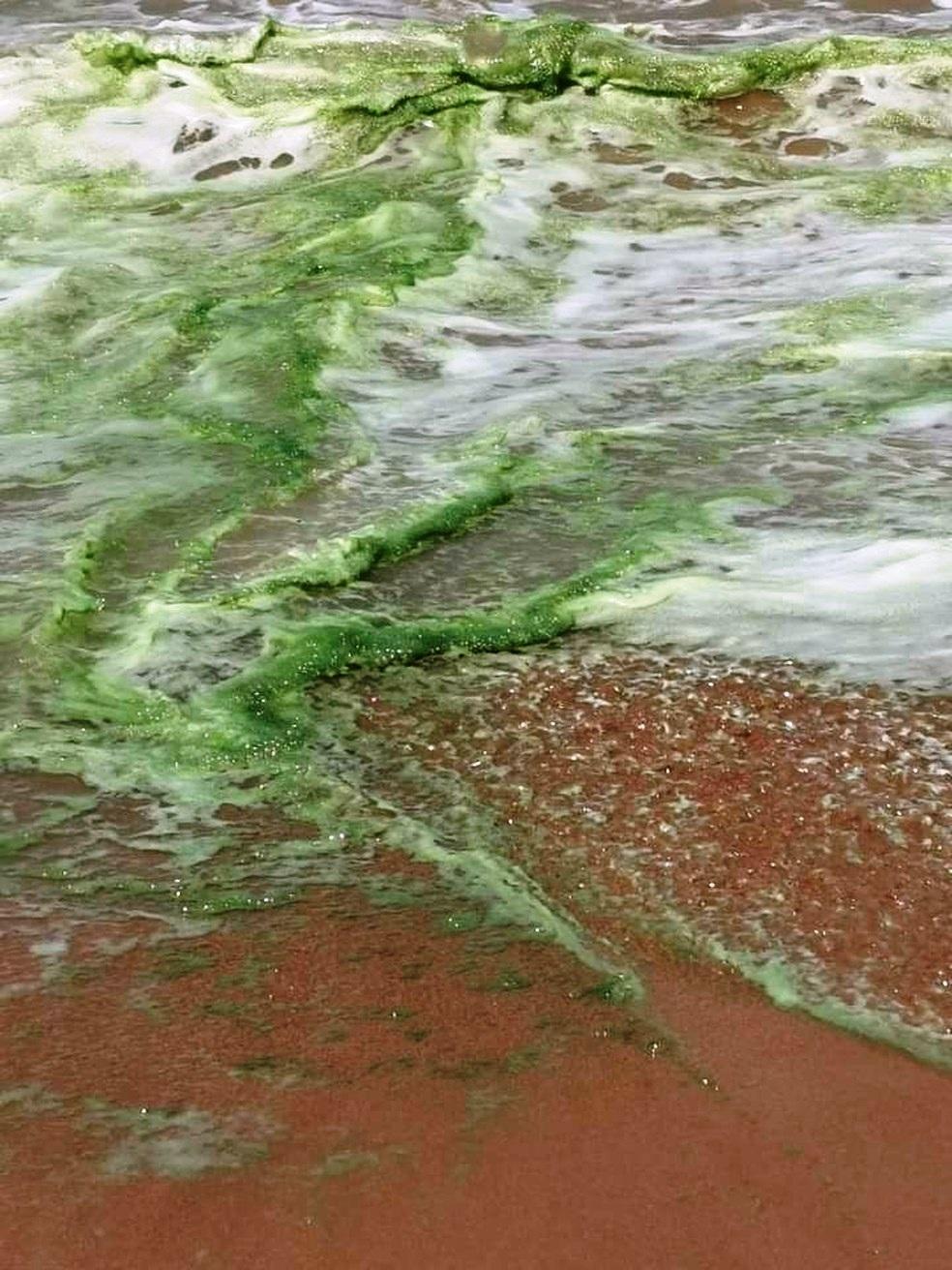 Espuma verde é registrada no mar de Manguinhos, na Serra, ESSecretaria Municipal de Meio Ambiente e Desenvolvimento Urbano disse que fará uma análise para identificar a causa do problema nesta quinta-feira (7)  Espuma verde foi registrada no mar de Mangui