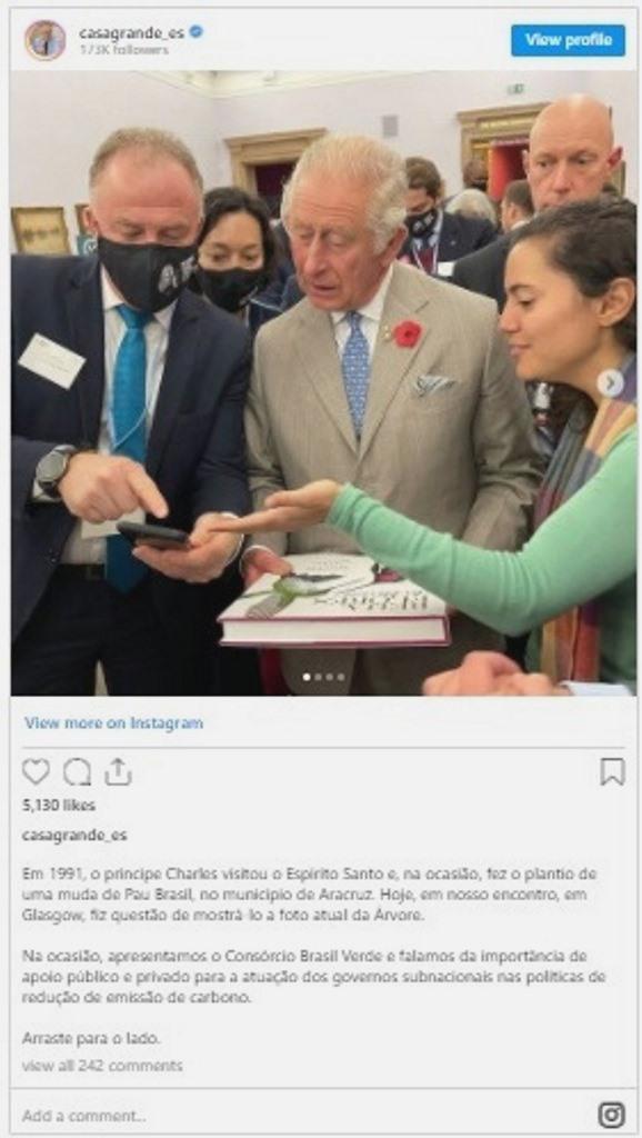 Casagrande se reúne com Príncipe Charles e lembra plantio de árvore no ES há 30 anos
