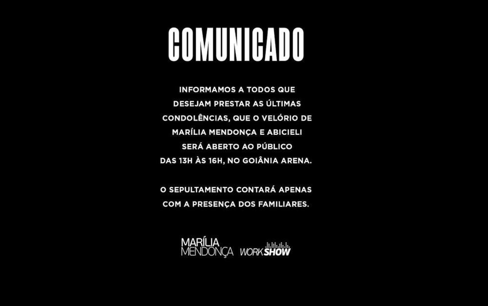 Marília Mendonça e tio serão velados juntos no Ginásio Goiânia Arena às 13h