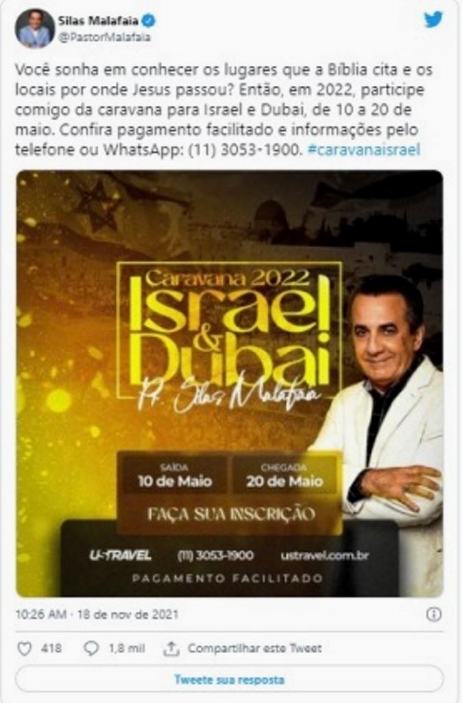 Caravana religiosa de Silas Malafaia ‘por onde Jesus passou’, inclui Dubai no roteiro