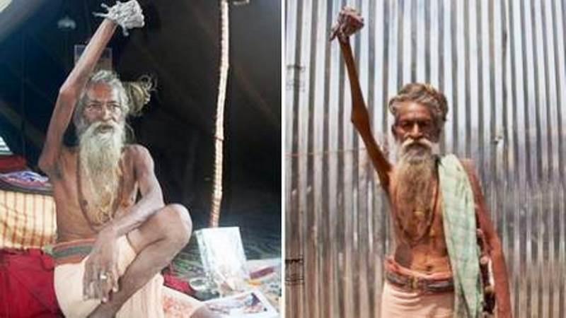 Sadhu indiano mantém o braço direito levantado há 45 anos