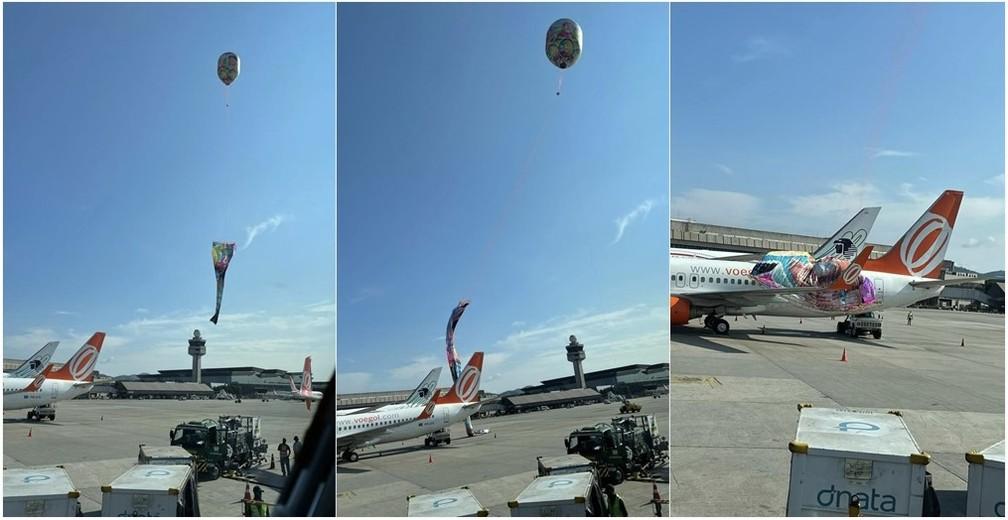 Balão cai em aeroporto e parte dele fica em cima de avião da Gol em Guarulhos, SP