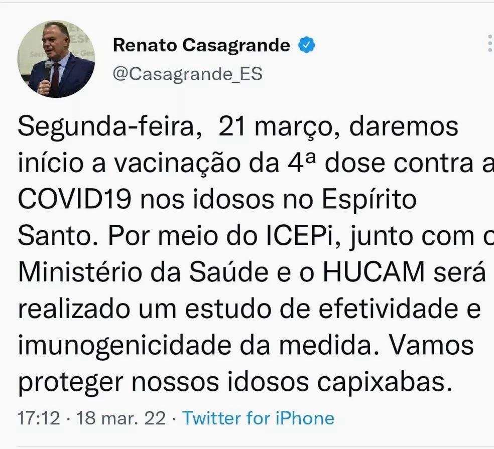 Pessoas com mais de 60 anos começam a receber 4ª dose da vacina contra Covid-19 nesta segunda-feira (21), no ES