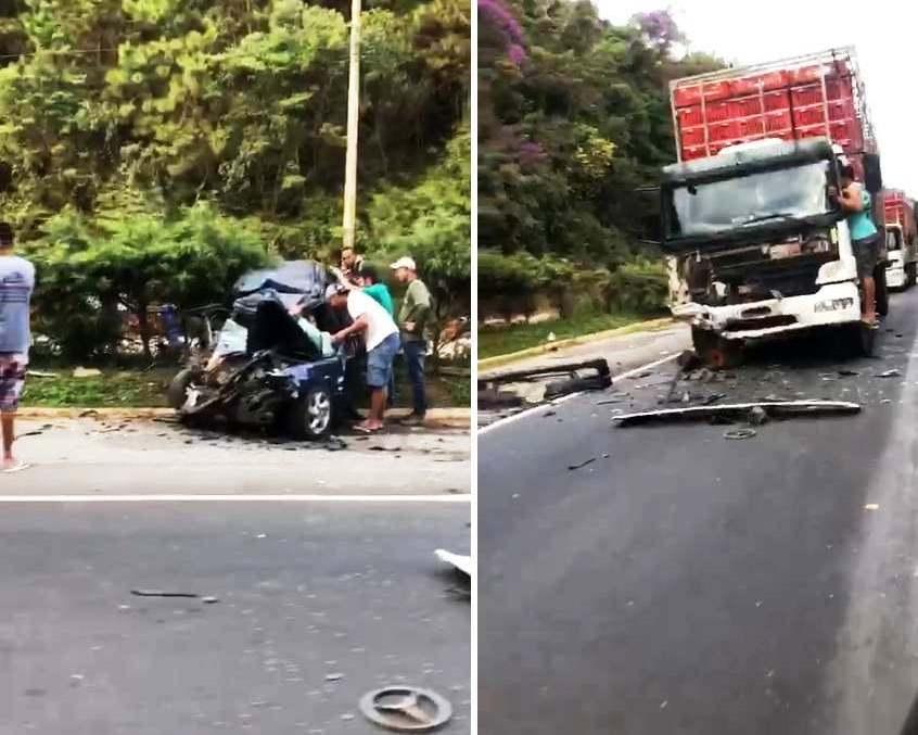 Mulher morre e três ficam feridos em acidente entre carro e caminhão na BR-262, no ES