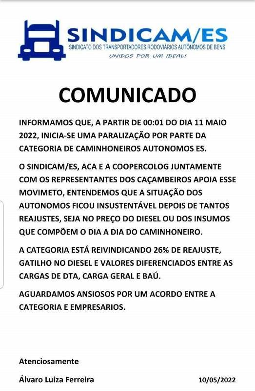 Caminhoneiros do ES anunciam paralisação em protesto contra reajuste do diesel