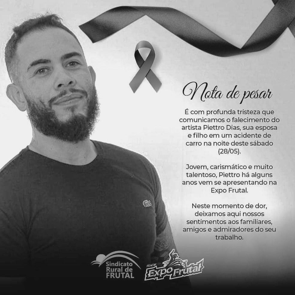 Cantor Piettro Dias, esposa e filho morrem em acidente na BR-364, entre Frutal e Planura, em MG