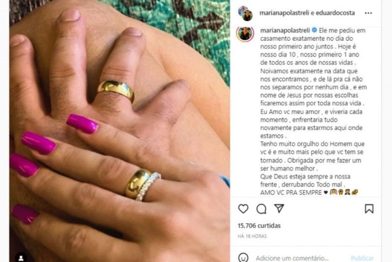 Eduardo Costa pede Mariana Polastreli em casamento em ano de namoro