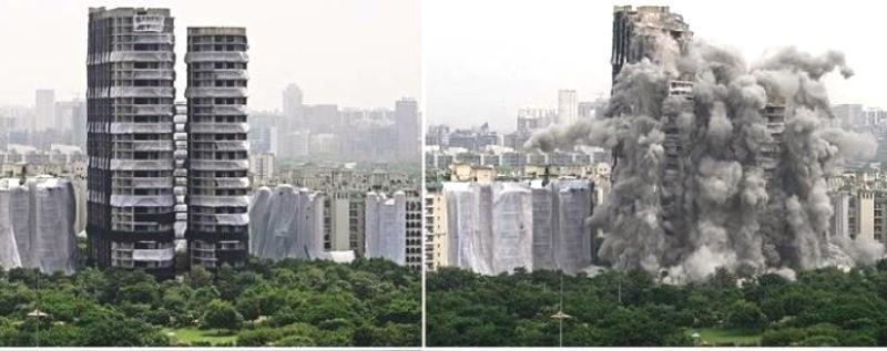 Duas torres gêmeas ilegais são implodidas no subúrbio de Nova Délhi