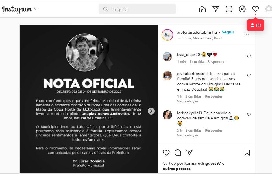 Piloto capixaba morre em acidente durante competição de motocross em MG