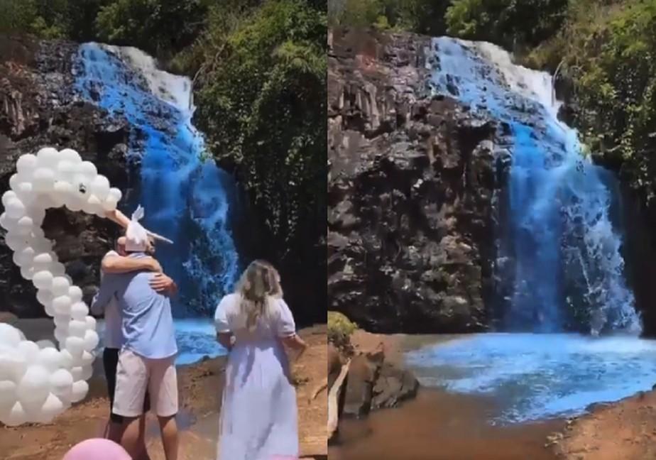 Casal utiliza corante em cachoeira para chá revelação e gera revolta nas redes sociais
