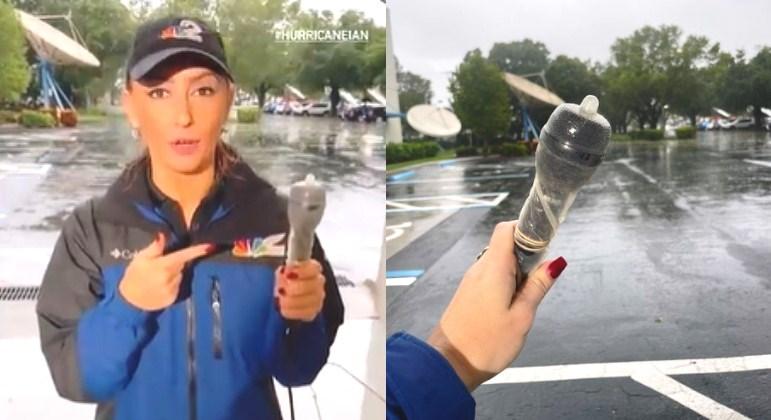 Repórter usa camisinha para proteger microfone contra furacão nos EUA