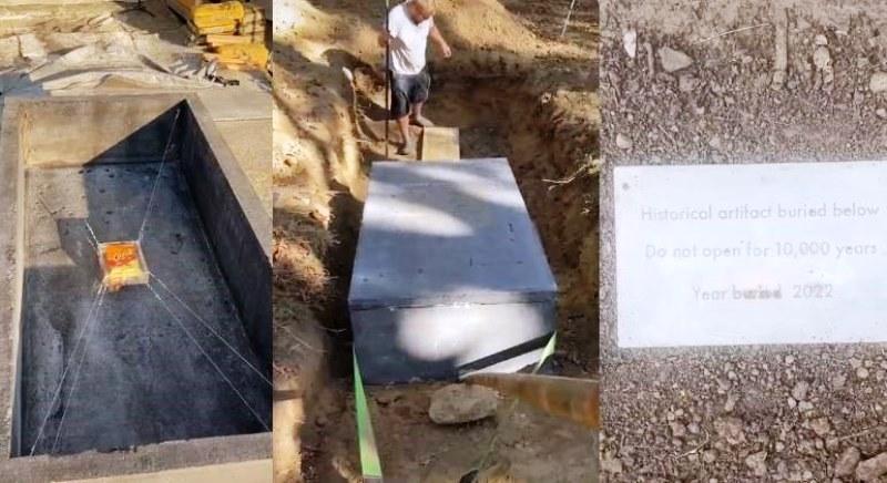 Homem faz sarcófago para preservar pacote de salgadinho e enganar futuras civilizações