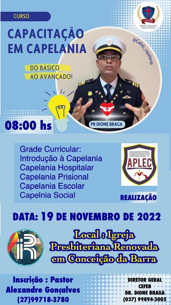 A APLEC promove cursos de Capacitação em Capelania, em Conceição da Barra, neste sábado (19)