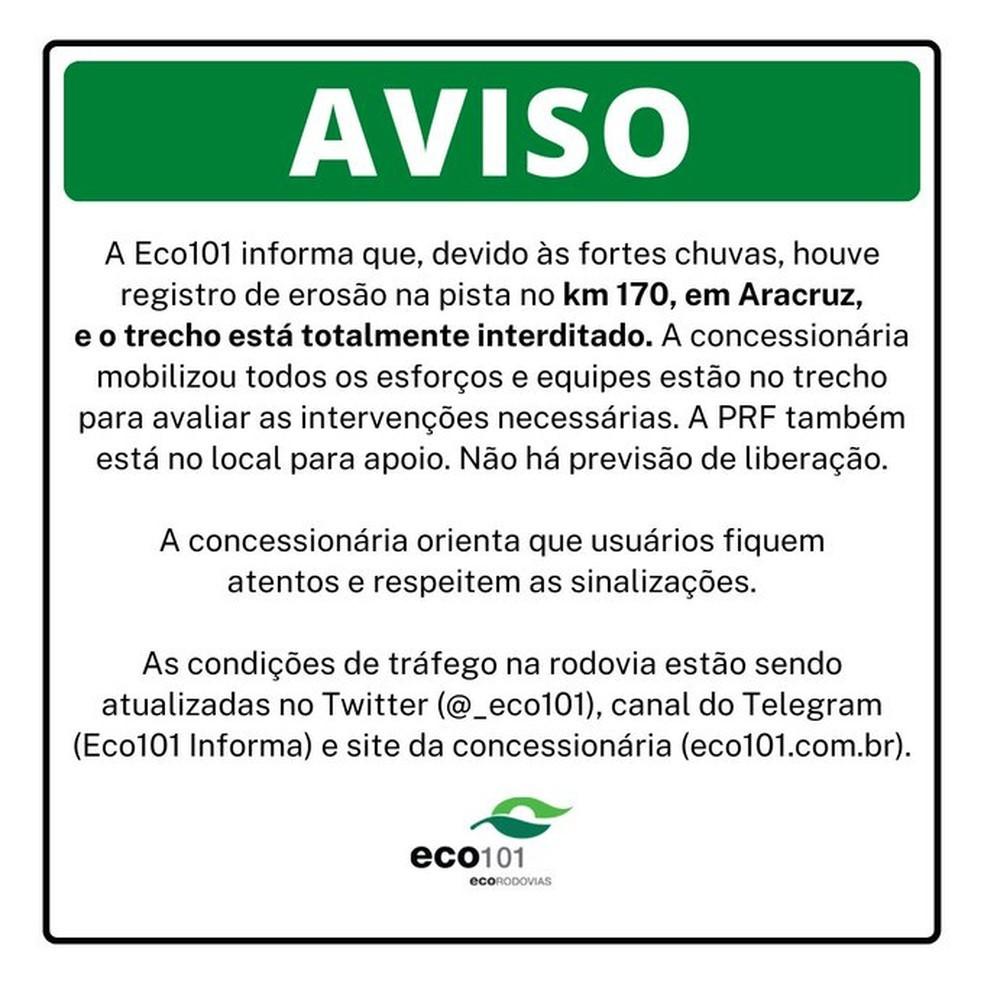 Trecho com cratera causada por chuva na BR-101 no ES será reconstruído em 72 horas, diz concessionária