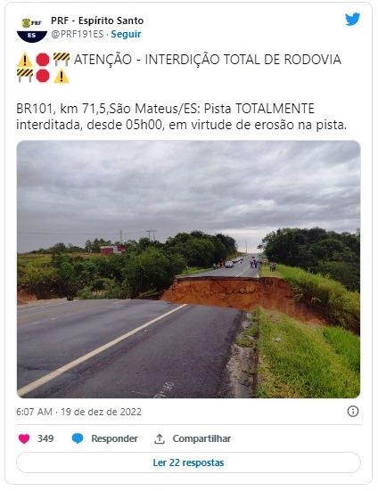 BR-101 é totalmente interditada após cratera se abrir na pista em São Mateus, ES