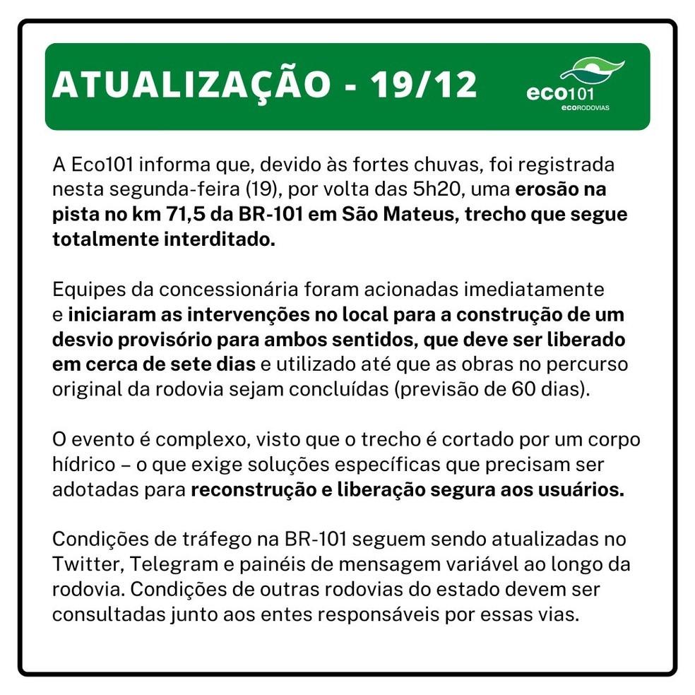 Saiba qual rota alternativa acessar durante obra em cratera na BR-101, em São Mateus, no ES
