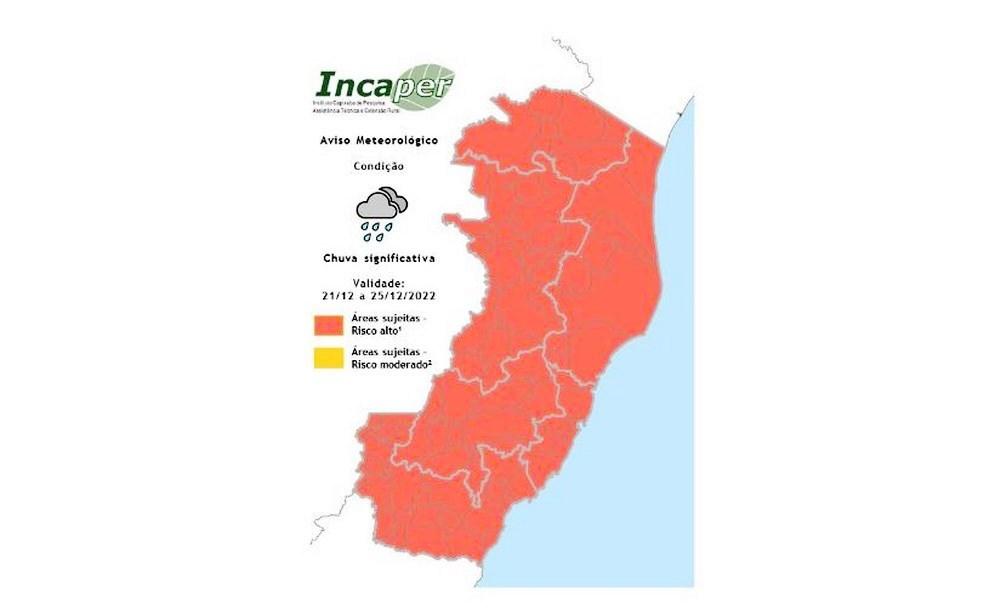 Incaper emite aviso meteorológico de fortes chuvas para o ES até o Natal