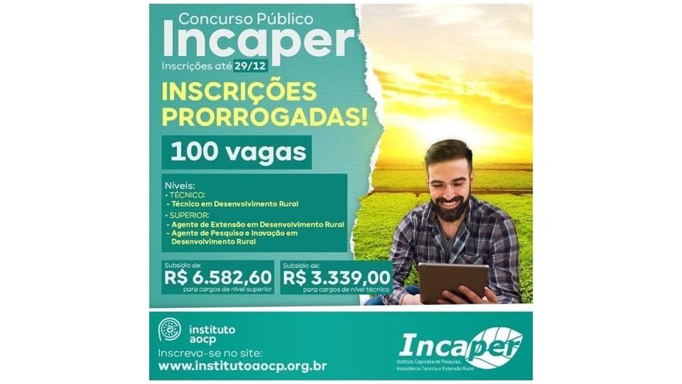 Governo do ES prorroga as inscrições para o concurso público do Incaper