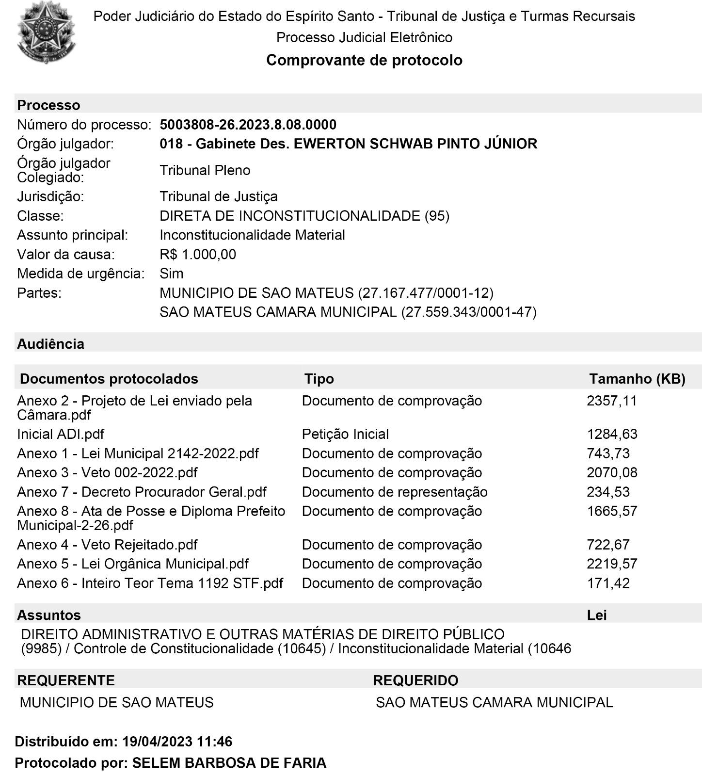 Daniel Santana aciona o Tribunal de Justiça e pede anulação do aumento do próprio salário, do vice-prefeito e dos secretários de São Mateus, ES