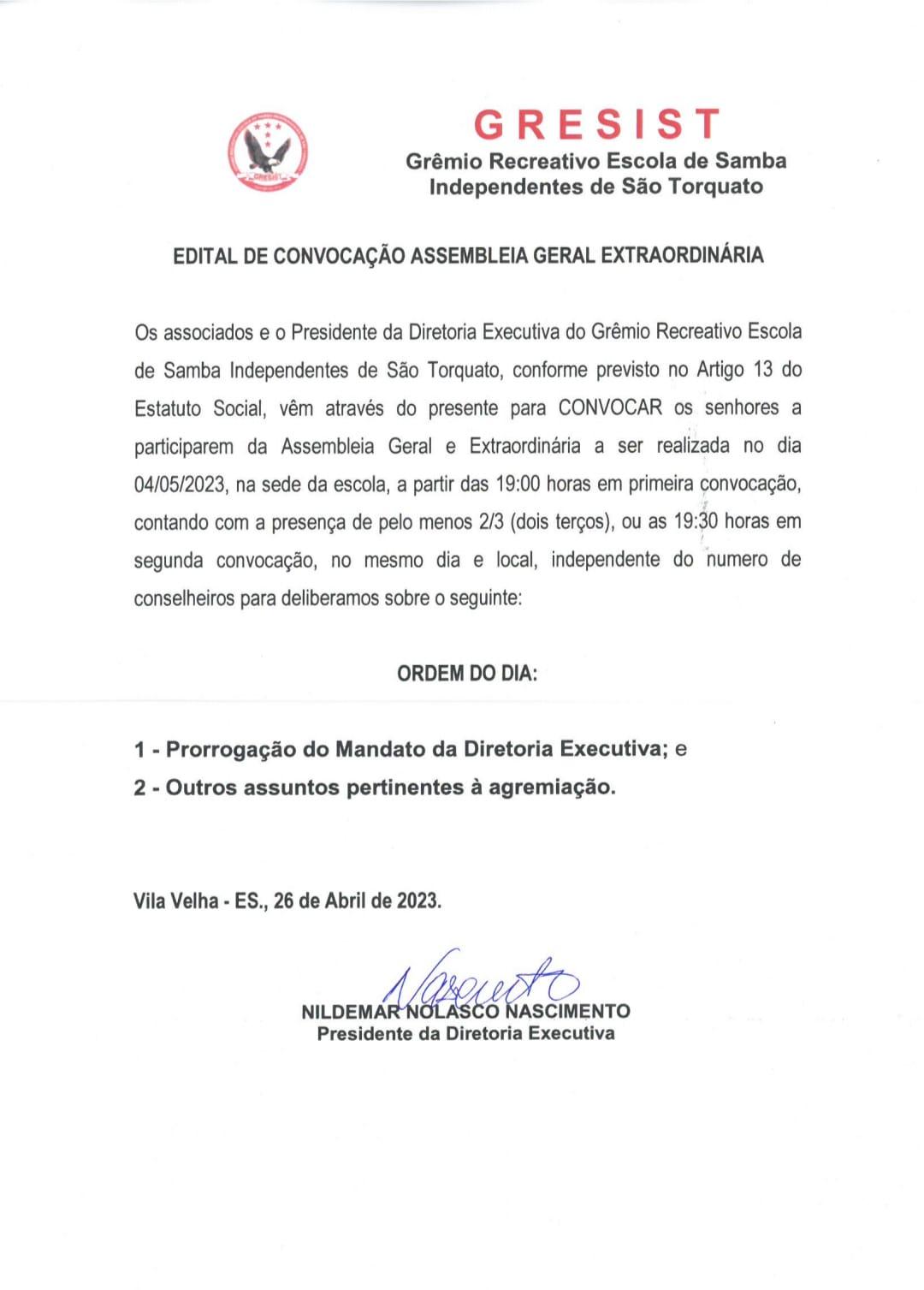 Edital de Convocação do Grêmio Recreativo Escola de Samba Independentes de São Torquato