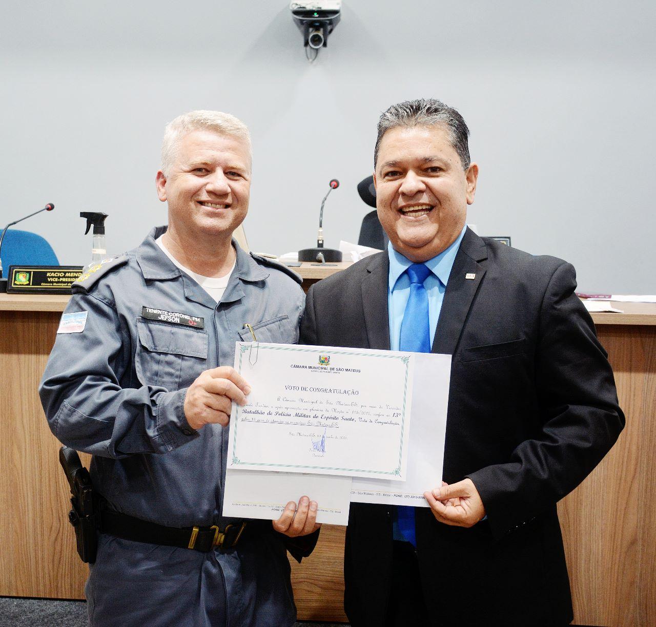 Câmara homenageia a PM pelos 13 anos do Batalhão de São Mateus, ES