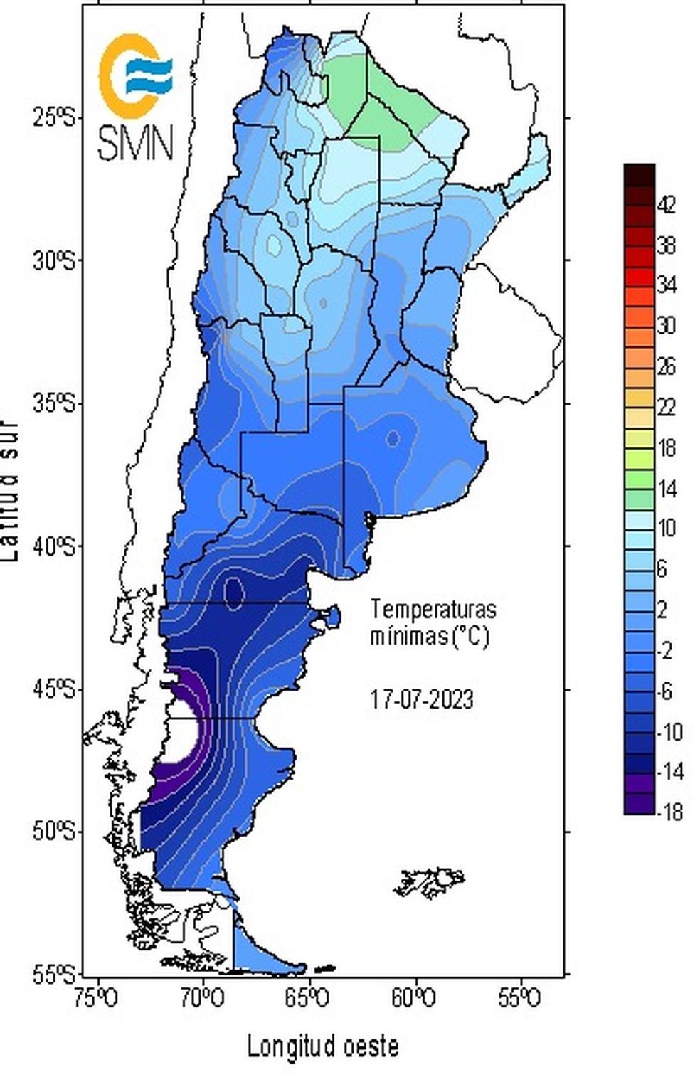 Frio de -22,5°C na Argentina ultrapassa limite da escala que representa a temperatura