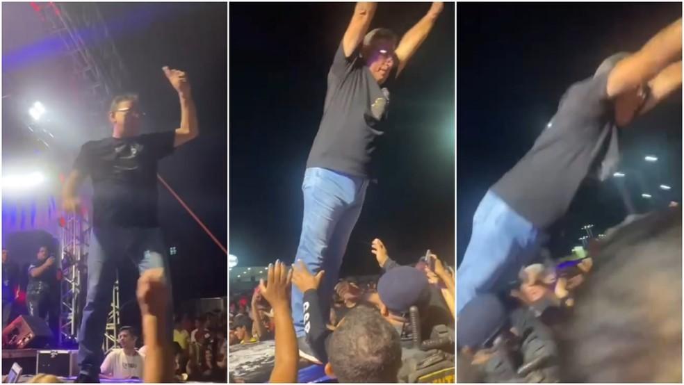 Prefeito se empolga em festa e se joga pra cair nos braços da plateia, mas cai no chão