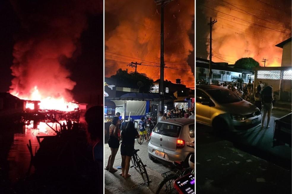 Incêndio de grandes proporções consome mais de 100 barracos em comunidade no litoral de SP