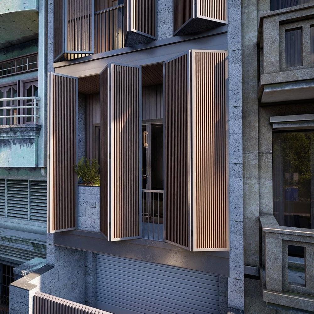Casa estreita de menos de 4 m de largura tem quarto, cozinha, sala de jantar e terraço