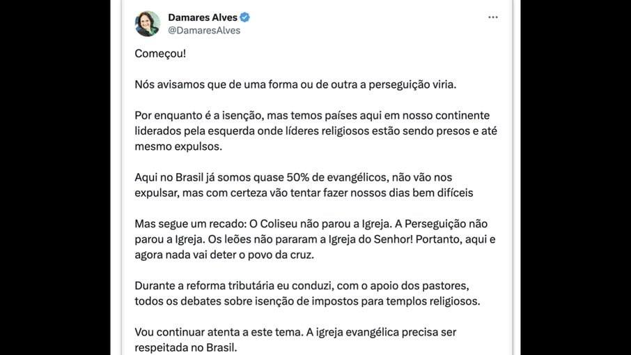 Damares critica anulação da isenção fiscal a líderes religiosos Damares critica anulação da isenção fiscal a líderes religiosos
