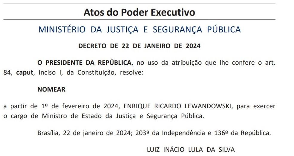 Lula oficializa nomeação, e Lewandowski será ministro da Justiça a partir de 1º de fevereiro Lula oficializa nomeação, e Lewandowski será ministro da Justiça a partir de 1º de fevereiro