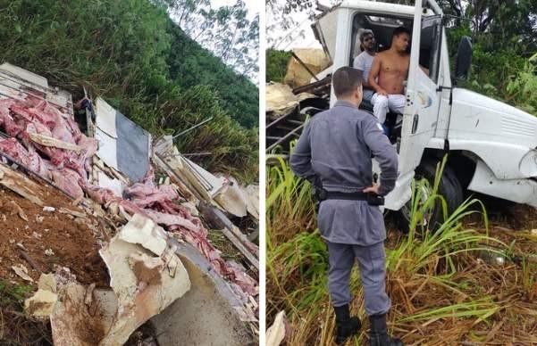 Caminhão frigorífico carregado de carne capota e deixa três feridos no ES