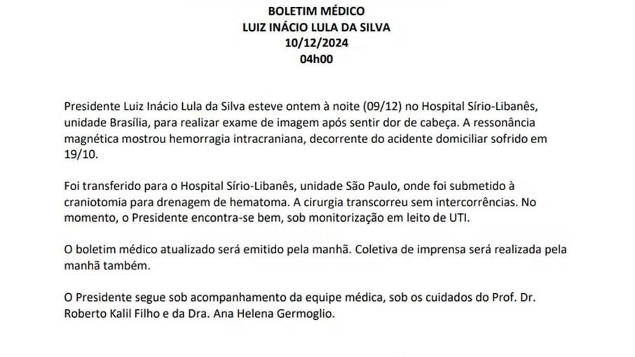 Lula passa por cirurgia de emergência e está internado em UTI de hospital em São Paulo