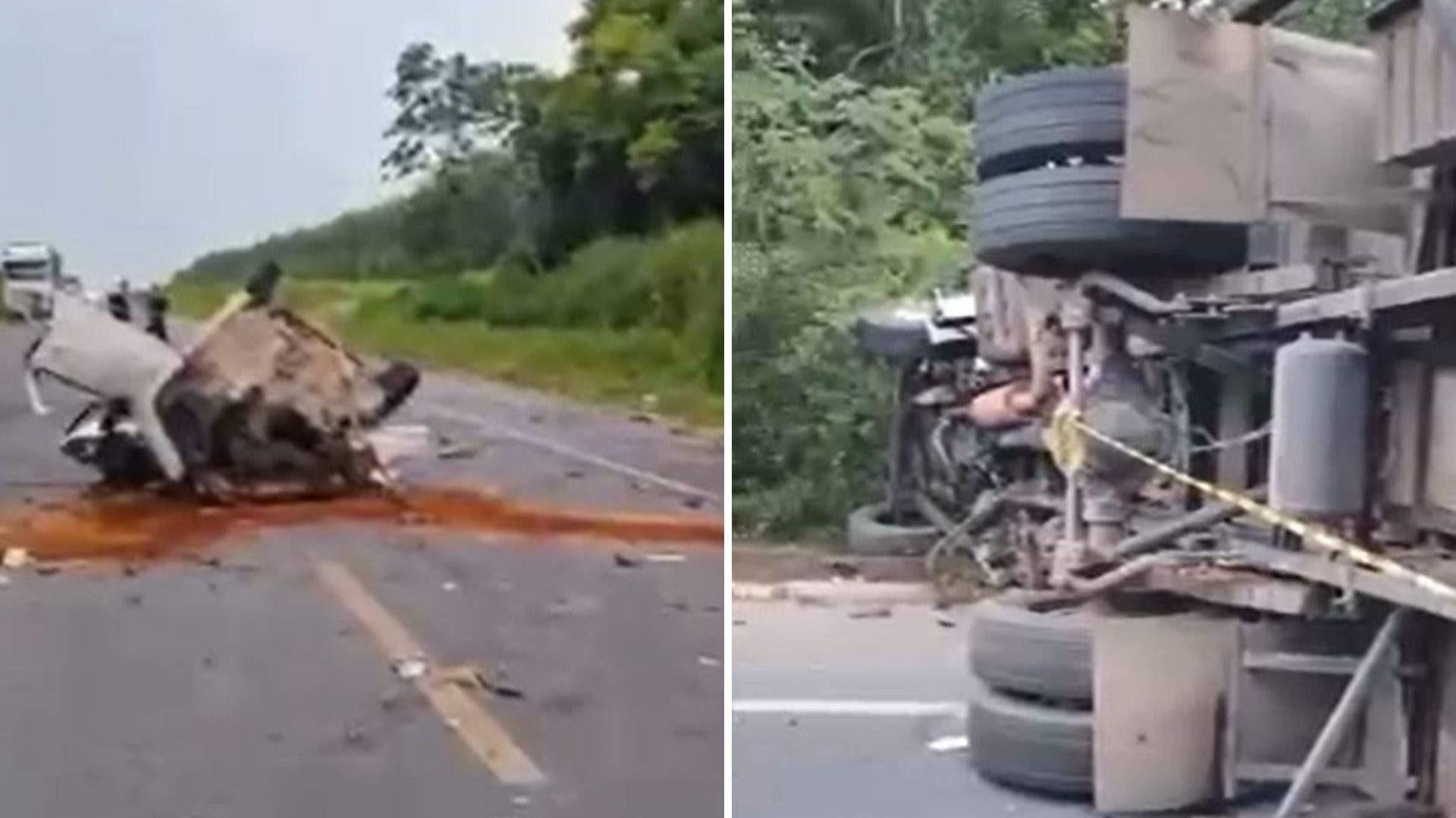 Acidente entre carros e caminhão na BR-101 deixa um morto e 2 feridos em Conceição da Barra, ES