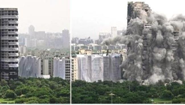 Duas torres gêmeas ilegais são implodidas no subúrbio de Nova Délhi