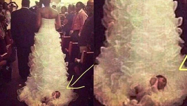 Noiva é criticada por amarrar bebê recém-nascido na cauda do vestido